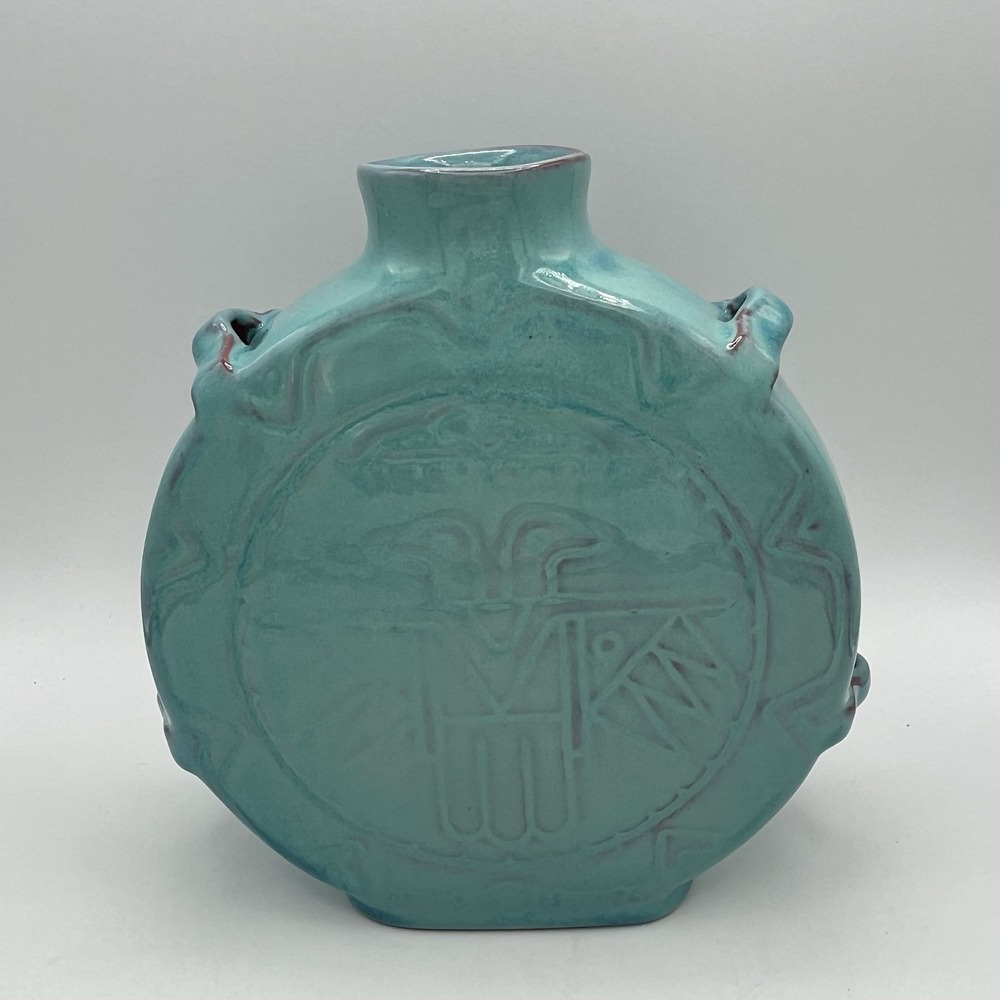 Vintage FRANKOMA Pottery Turquoise Blue Green Thunderbird Canteen Vase